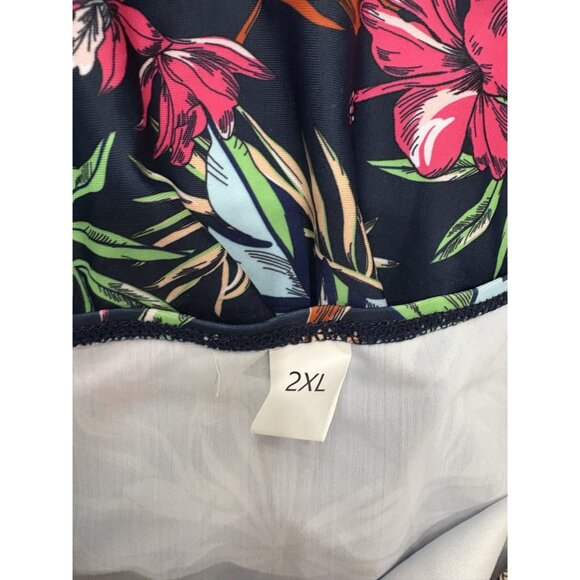 Womens Navy Hibiscus Print Halter Swim Set 2XL With Ruffle Detail & Tie Neck NEW - Picture 2 of 5